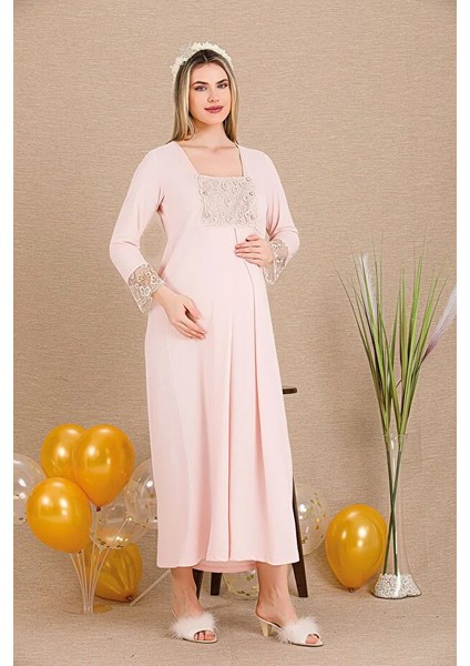 Lady Lingerie Düğmeli Açılan Dantel Yaka Detaylı Uzun Kollu Hamile&lohusa Gecelik Elbise fiyatları