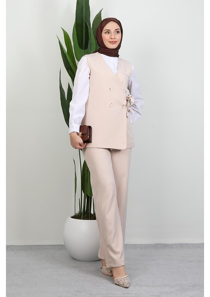 Bağlamalı Yelek Takım Krem