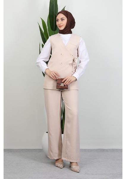 Bağlamalı Yelek Takım Krem modelleri