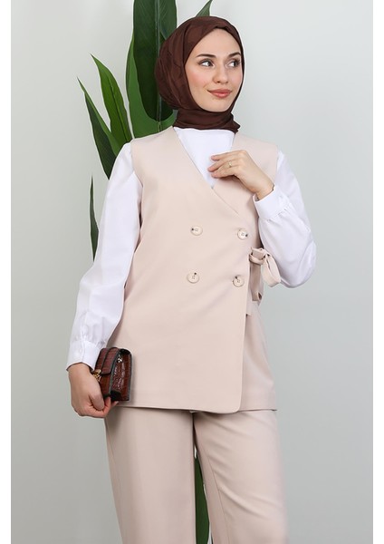 Bağlamalı Yelek Takım Krem indirimleri