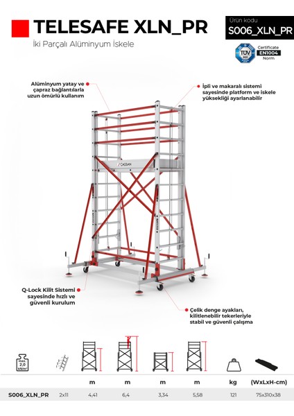 2X11 Basamaklı 6,4 M. Çalışma Yüksekliği Telesafe Xln Premium - Iki Parçalı Alüminyum Iskele S006_XLN_PR