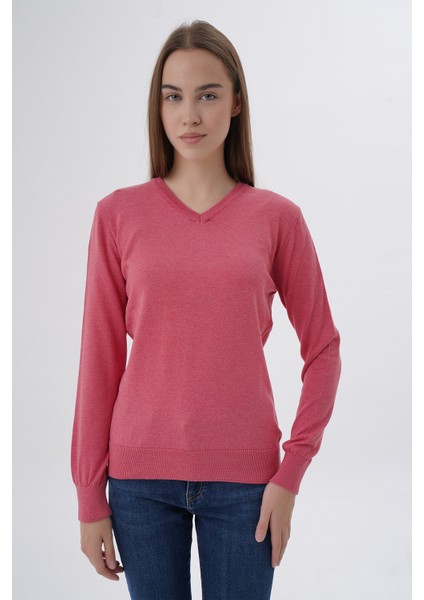 Kadın %100 Organik Pamuk V Yaka Triko Kazak Bluz TRIST-6102