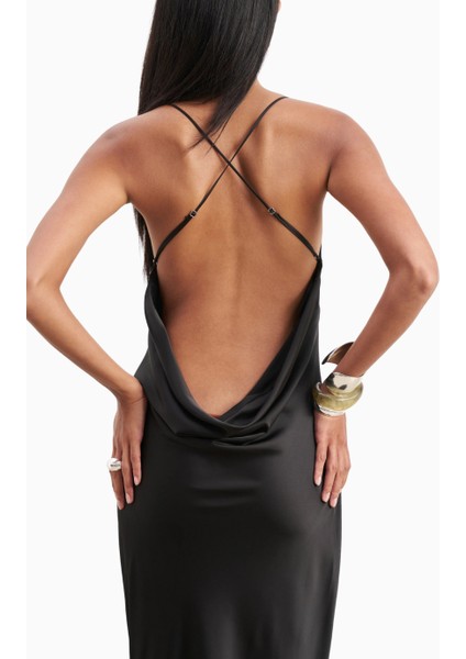 Satin Slinky Cowl Back Gown Saten Maxi Kadın Elbise