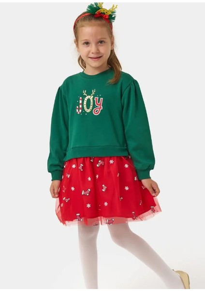 Kız Çocuk Joy Baskılı Tüllü Yıllbaşı Elbisesi NBK-24908