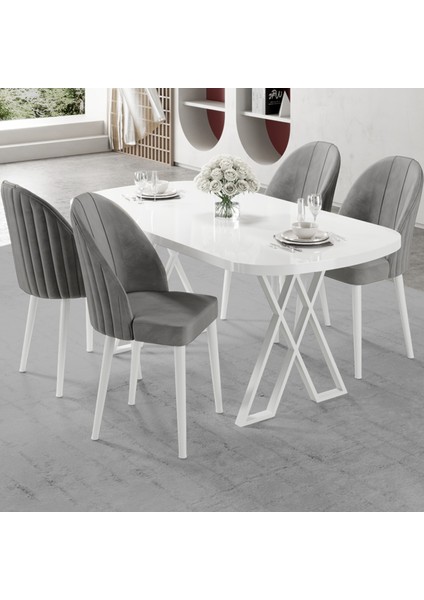 Kaye Serisi MDF 90X168 Beyaz Mutfak Masası Takımı 4 Gri Sandalye