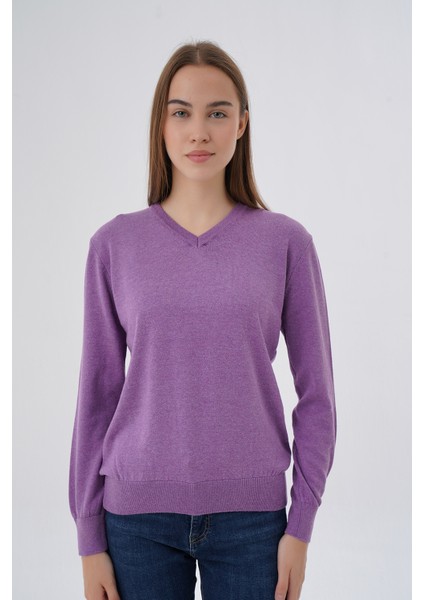 Kadın %100 Organik Pamuk V Yaka Triko Kazak Bluz TRIST-6102