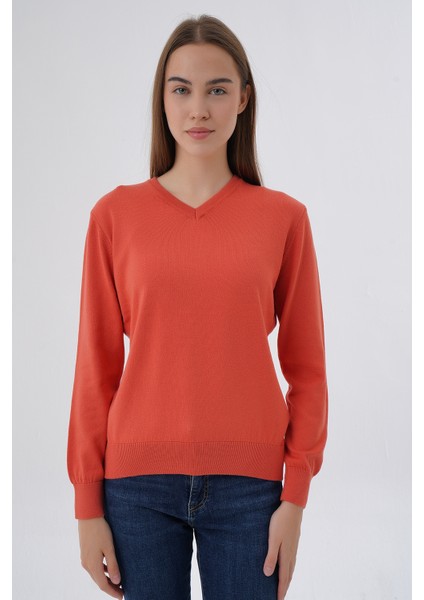 Kadın %100 Organik Pamuk V Yaka Triko Kazak Bluz TRIST-6102