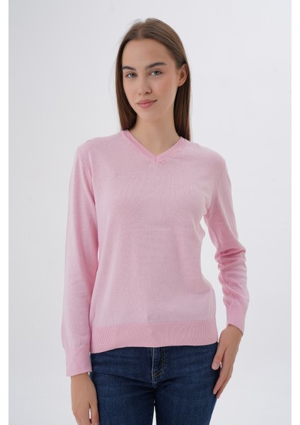 Kadın %100 Organik Pamuk V Yaka Triko Kazak Bluz TRIST-6102