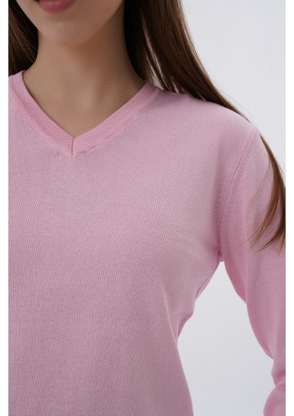 Kadın %100 Organik Pamuk V Yaka Triko Kazak Bluz TRIST-6102