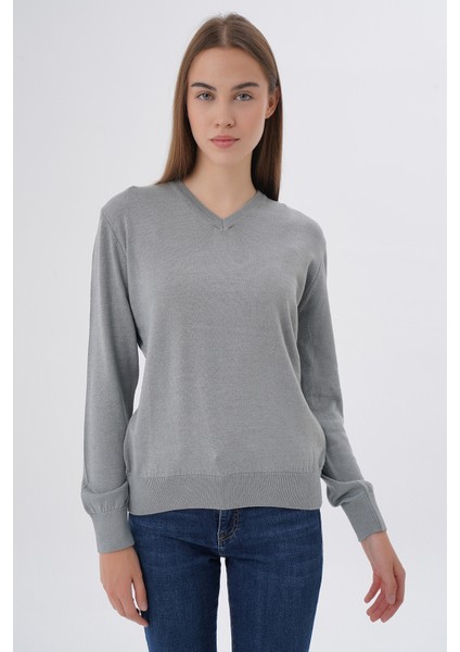 Kadın %100 Organik Pamuk V Yaka Triko Kazak Bluz TRIST-6102