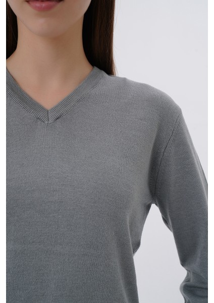 Kadın %100 Organik Pamuk V Yaka Triko Kazak Bluz TRIST-6102