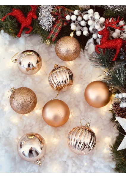 Yılbaşı Çam Ağacı Süsü Rose Gold Top Süs 8 cm 8 Li Paket Cici Top