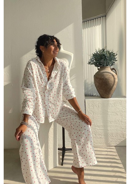 Kalp Desenli Müslin Pijama Seti modelleri