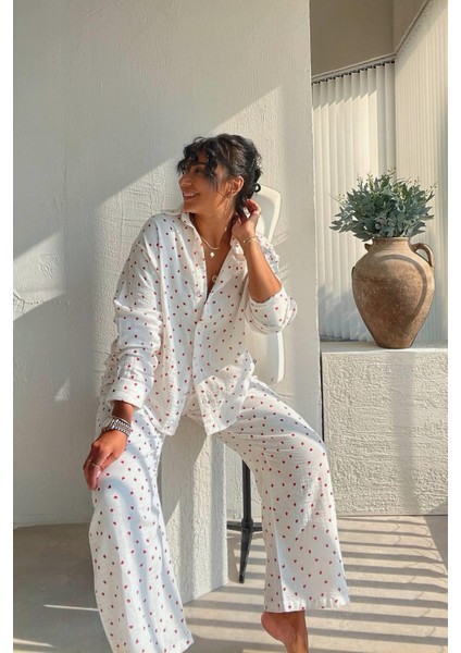 Kalp Desenli Müslin Pijama Seti