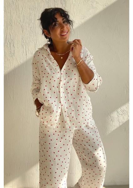 Kalp Desenli Müslin Pijama Seti