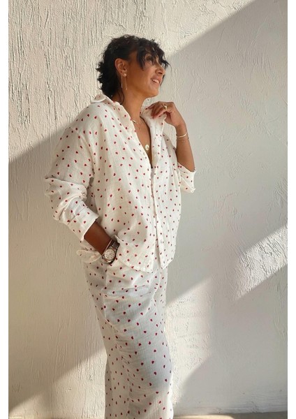 Kalp Desenli Müslin Pijama Seti