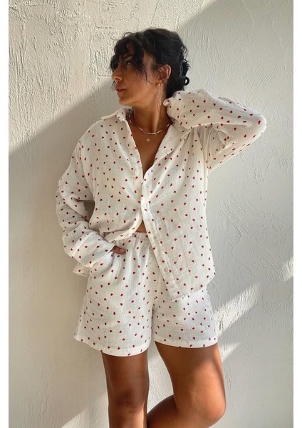Kalp Desenli Müslin Pijama Seti