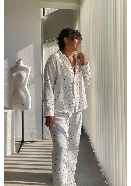 Kalp Desenli Müslin Pijama Seti