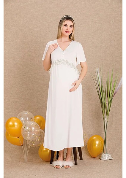 Lady Lingerie Düğmeli V Yaka Dantel Detaylı Şık Hamile&lohusa Gecelik
