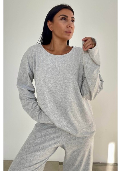 Bisiklet Yaka Gri Oversize Penye Takım