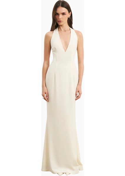 Plunging V Neck Halter Gown Derin V Yaka Halter Boyunlu Maxi Kadın Elbise