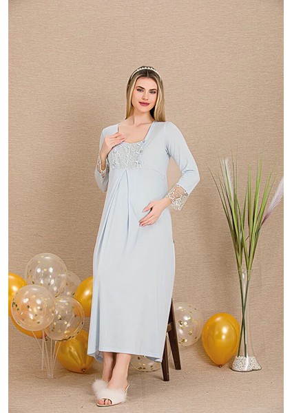 Lady Lingerie Düğmeli Açılan Dantel Yaka Detaylı Uzun Kollu Hamile&lohusa Gecelik Elbise