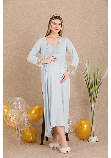 Lady Lingerie Düğmeli Açılan Dantel Yaka Detaylı Uzun Kollu Hamile&lohusa Gecelik Elbise fiyatları