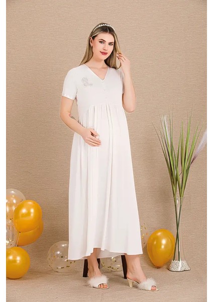 Lady Lingerie Düğmeli V Yaka ve Dantel Gül Detaylı Kısa Kollu Hamile&lohusa Gecelik Elbise
