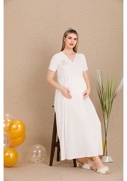 Lady Lingerie Düğmeli V Yaka ve Dantel Gül Detaylı Kısa Kollu Hamile&lohusa Gecelik Elbise fiyatları