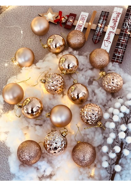 Yılbaşı Çam Ağacı Süsü Rose Gold Top Süs 6 cm 16LI Paket