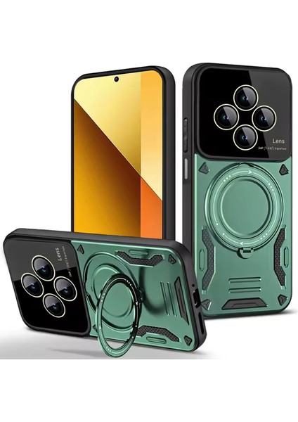 Xiaomi Redmi 14C Uyumlu Kılıf Kamera Lens Koruyuculu Magsafe Destekli 360 Dönen Halka Standlı Kapak