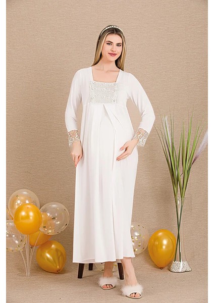 Lady Lingerie Düğmeli Açılan Dantel Yaka Detaylı Uzun Kollu Hamile&lohusa Gecelik Elbise