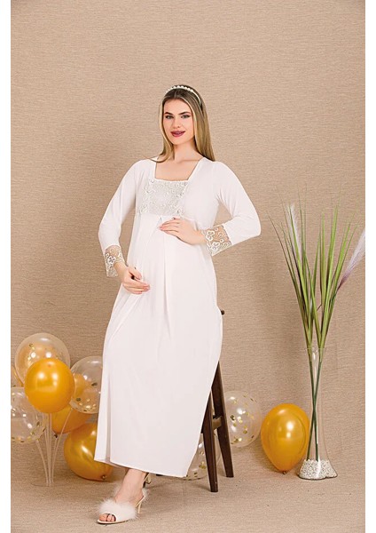Lady Lingerie Düğmeli Açılan Dantel Yaka Detaylı Uzun Kollu Hamile&lohusa Gecelik Elbise fiyatları