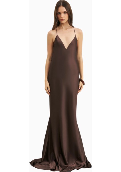 Satin Slinky Cowl Back Gown Saten Maxi Kadın Elbise