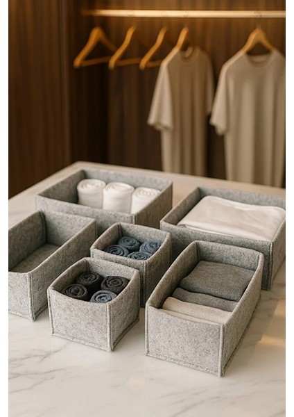 Keçe Çekmece ve Dolap Düzenleyici Organizer Seti 6 Parça – Gri Çok Amaçlı Düzenleyici Kutular