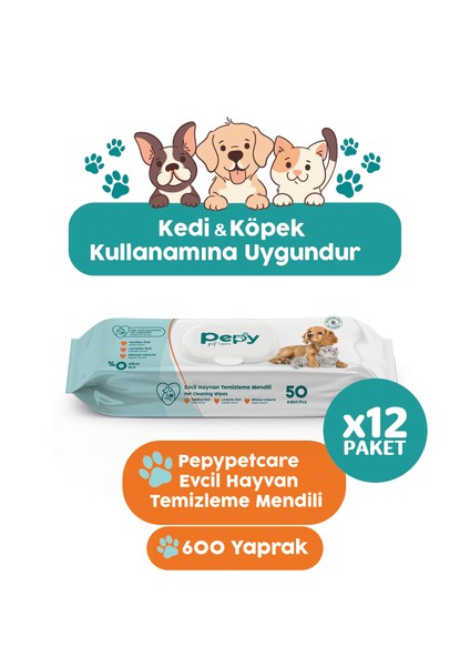 Kedi ve Köpek Kullanımına Uygun Evcil Hayvan Temizleme Mendili 12 Paket 600 Adet