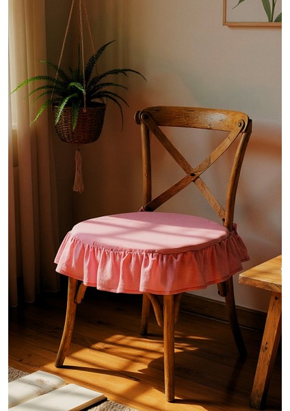 El Yapımı Yuvarlak Buldan Yıkanmıs Keten Fırfırlı Sandalye Minderi(Pembe) modelleri