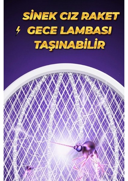 Beyaz Şarjlı Katlanabilir Sinek Cız Raketi Çok Fonksiyonlu Asılabilir Yatay Dikey Kullan XLR101