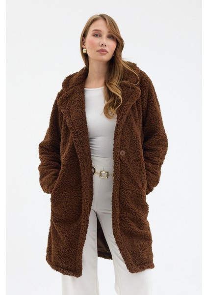 Kahve Tek Düğmeli Çift Cepli Astarlı Buklet Kaşe Kaban