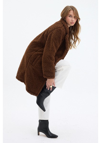 Kahve Tek Düğmeli Çift Cepli Astarlı Buklet Kaşe Kaban fiyatları