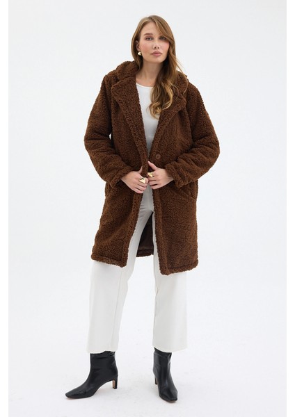 Kahve Tek Düğmeli Çift Cepli Astarlı Buklet Kaşe Kaban fırsatları