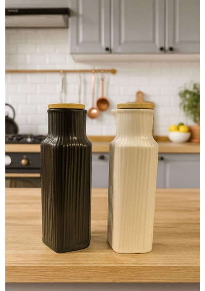 2'li Porselen Bambu Kapaklı Renkli Çizgili ve Şık Yağlık-Sirkelik-Balzamik Seti 400ML 19CM
