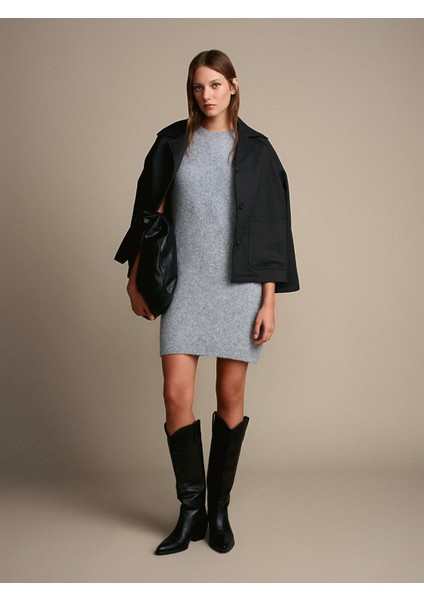90257 Bisiklet Yaka Yün Karışımlı Triko Elbise-K.gri Mel.