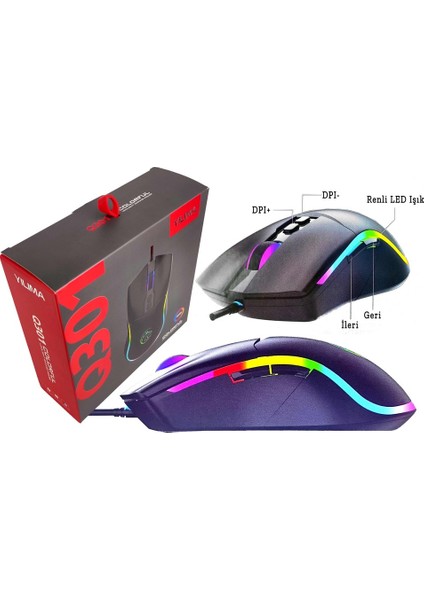 Oyuncu Mouse Kablolu Rgb LED Işıklı USB Optik Ergonomik Gaming 7 Tuş Fonksiyonlu Fare Q301 fiyatları