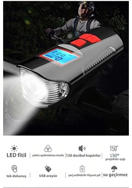 Bisiklet Işık Korna LCD Hız Ölçer Su Geçirmez USB Şarjlı 4 Aydınlatma Modu indirimleri