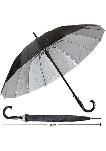 Baston Şemsiye Siyah Içi Gümüş Renk RW86