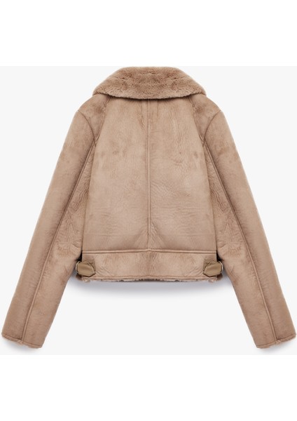 Kruvaze Yaka Uzun Kollu Fermuarlı Cepli Suni Kürk Yaka Crop Suni Süet Ceket indirimleri