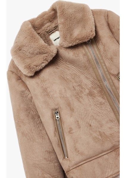 Kruvaze Yaka Uzun Kollu Fermuarlı Cepli Suni Kürk Yaka Crop Suni Süet Ceket