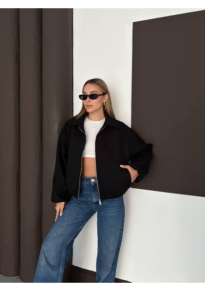 Zr Bomber Crop Siyah Kaşe Ceket fırsatları