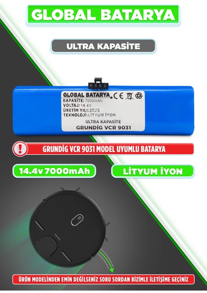 Grundig Vcr 9031 Uyumlu Robot Süpürge Bataryası 14.4V 7000MAH Li-Ion Pil (Ultra Kapasite)